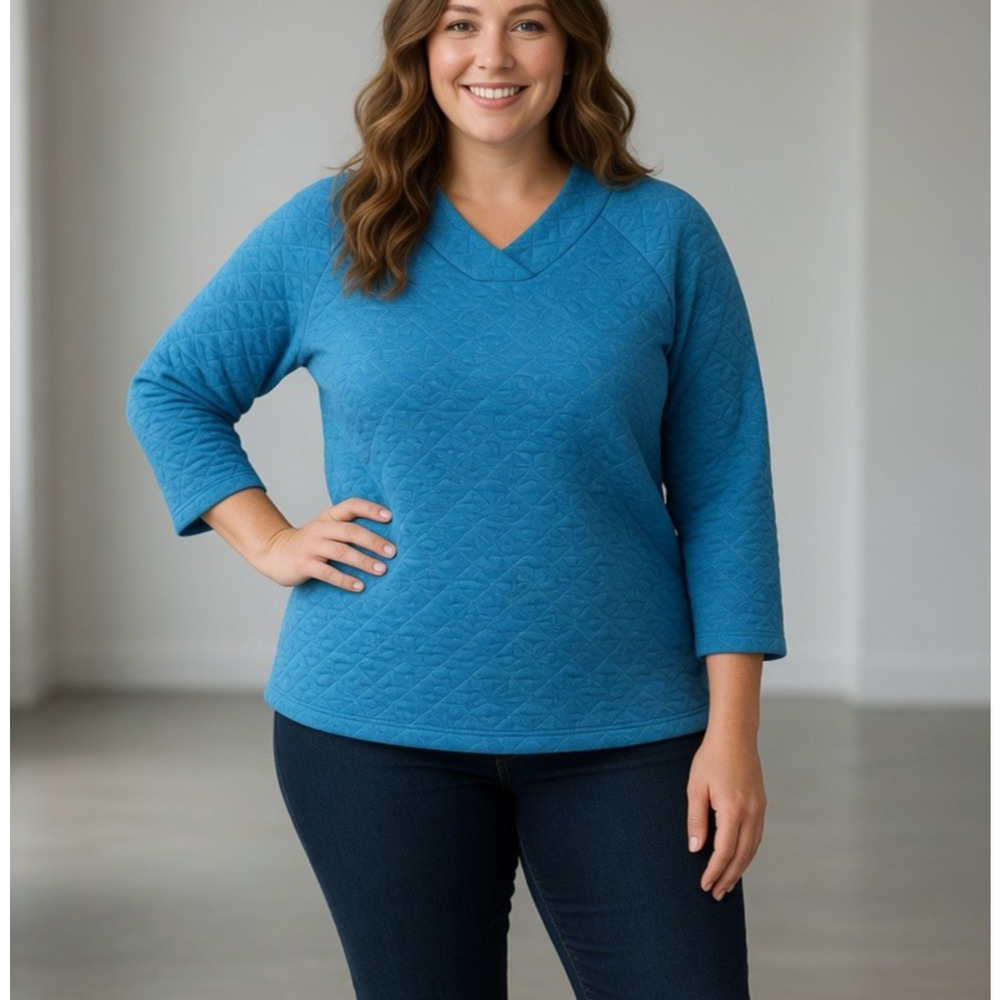 T by Talbots 2X Blue Sweater Top Metallic Snowflake 3/4 Sleeve V Neck Plus Size
